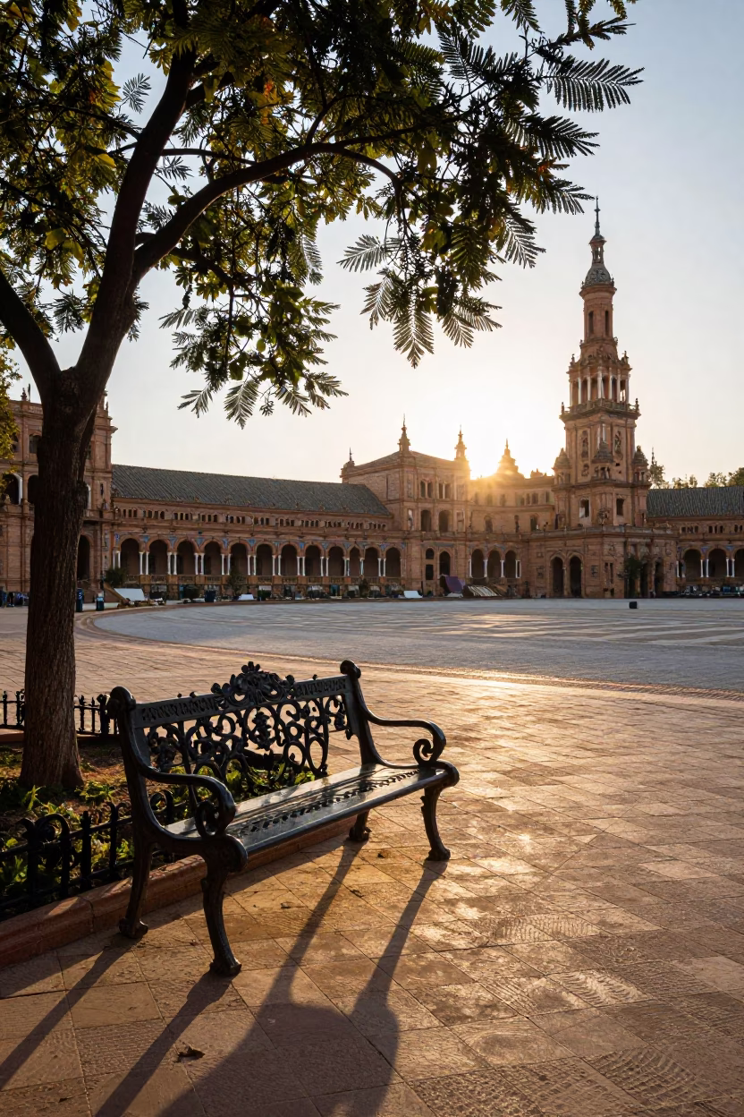 Illuminates Plaza at As First Light Reaches The Scene in Seville in in Seville, Spain