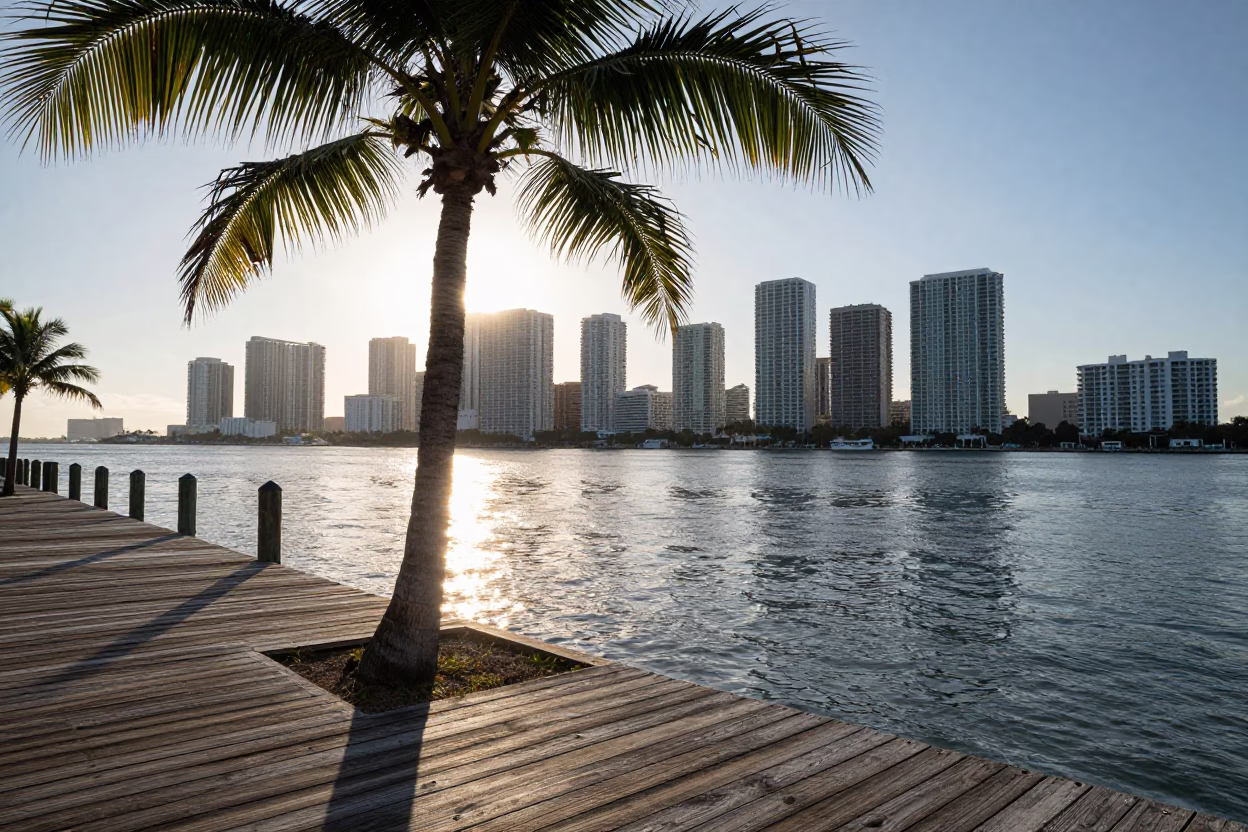 Illuminates Waterfront in Miami at As First Light Reaches The Scene in in Miami, Florida, United States