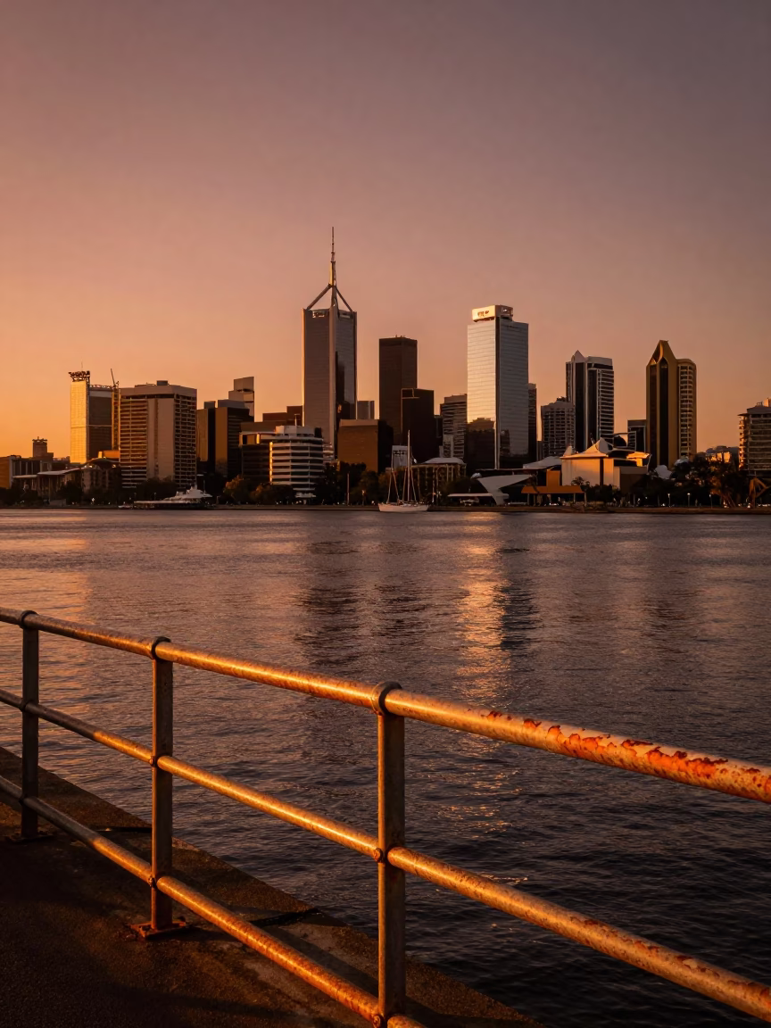 Illuminates Waterfront in Perth at Copper-toned Light Before Dusk in in Perth, Western Australia, Australia