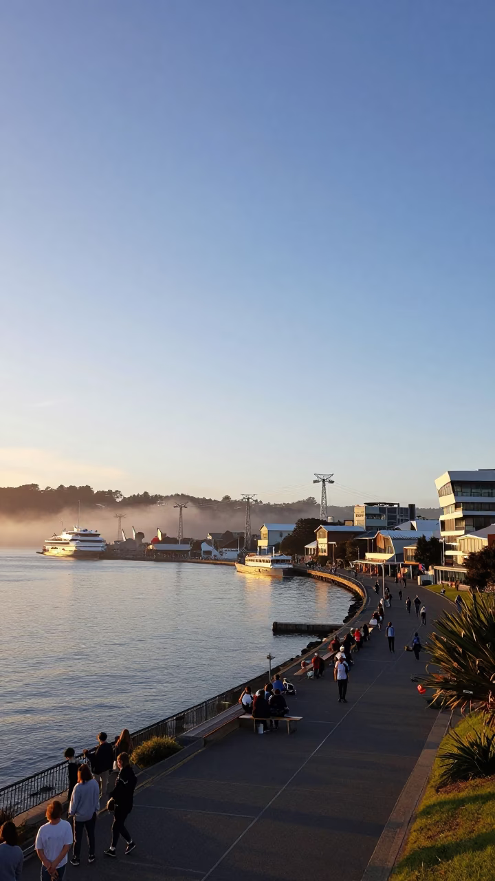 Illuminates Waterfront in Wellington at As First Light Reaches The Scene in in Wellington, New Zealand