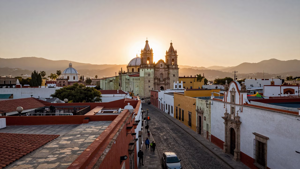 Illuminating Cityscape in Oaxaca at As First Light Reaches The Scene in in Oaxaca, Mexico