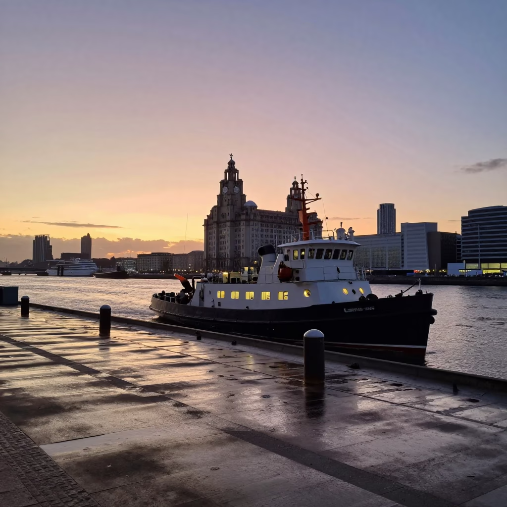 Illuminating Docks in Liverpool at Nautical Dawn Light in in Liverpool, United Kingdom