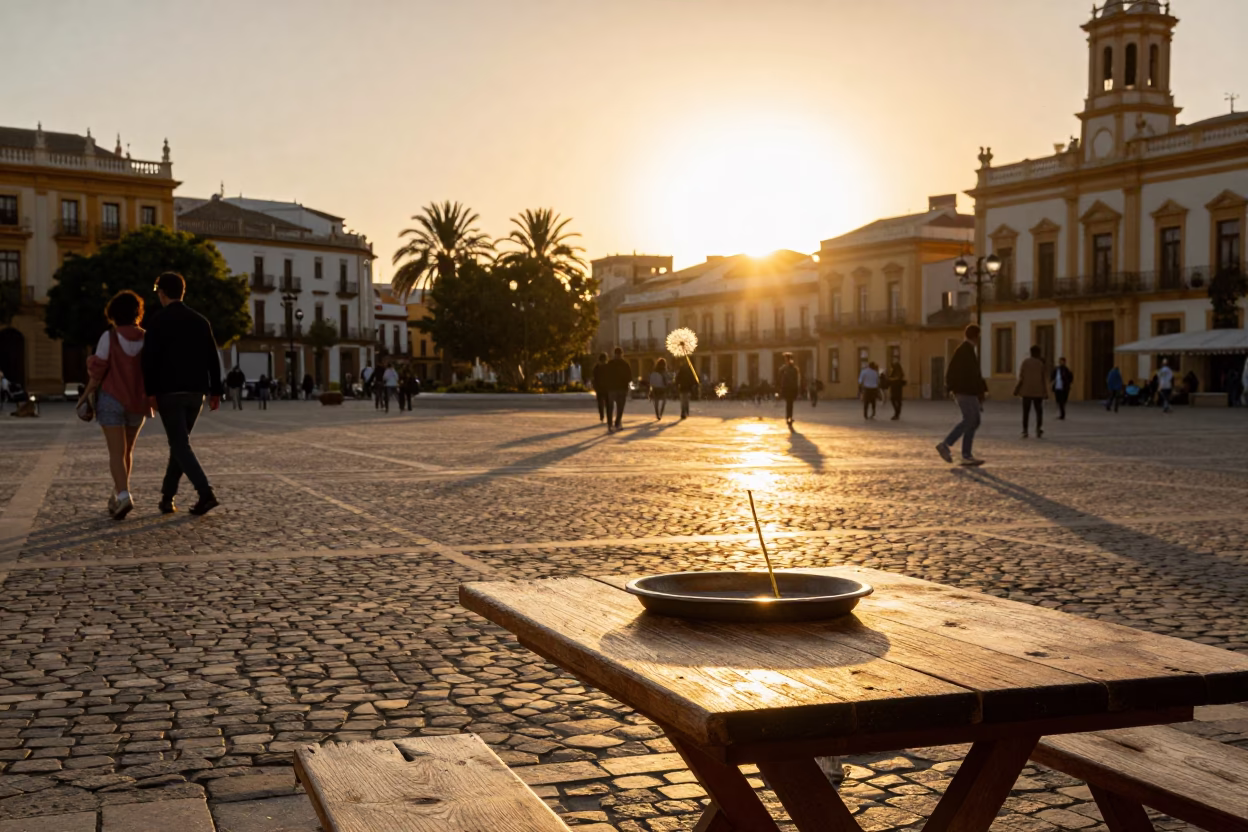 Illuminating Plaza in Valencia at Honeyed Evening Light in in Valencia, Spain