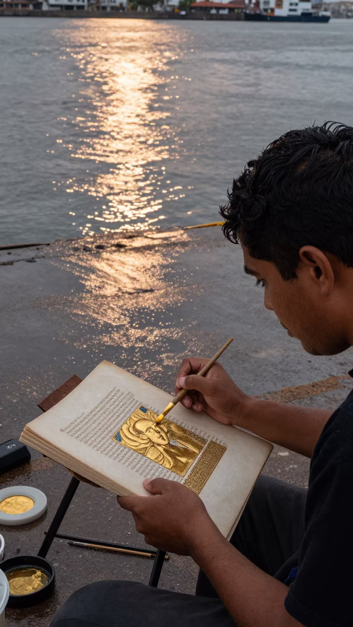 Illuminator Painting Gold Leaf at Maracaibo Harbor in at a harbor edge in Maracaibo