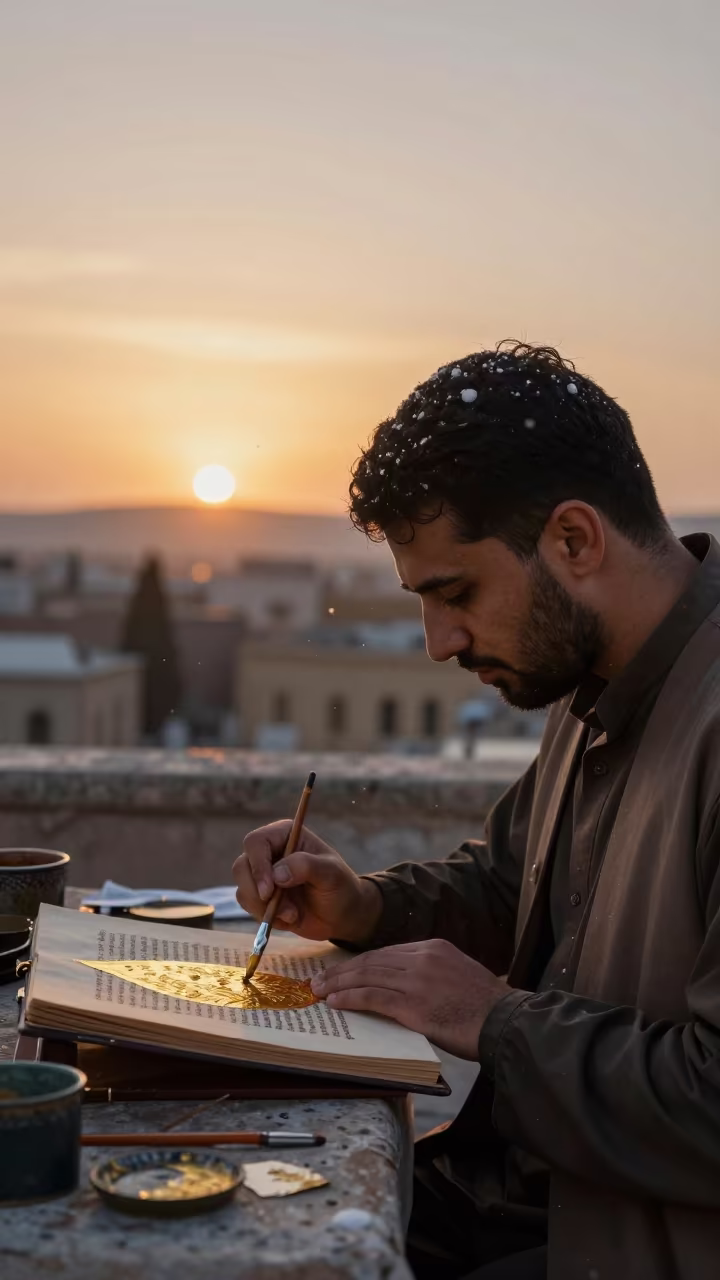 Illuminator Painting Gold Leaf in Sunset Firelight in near Sulaymaniyah