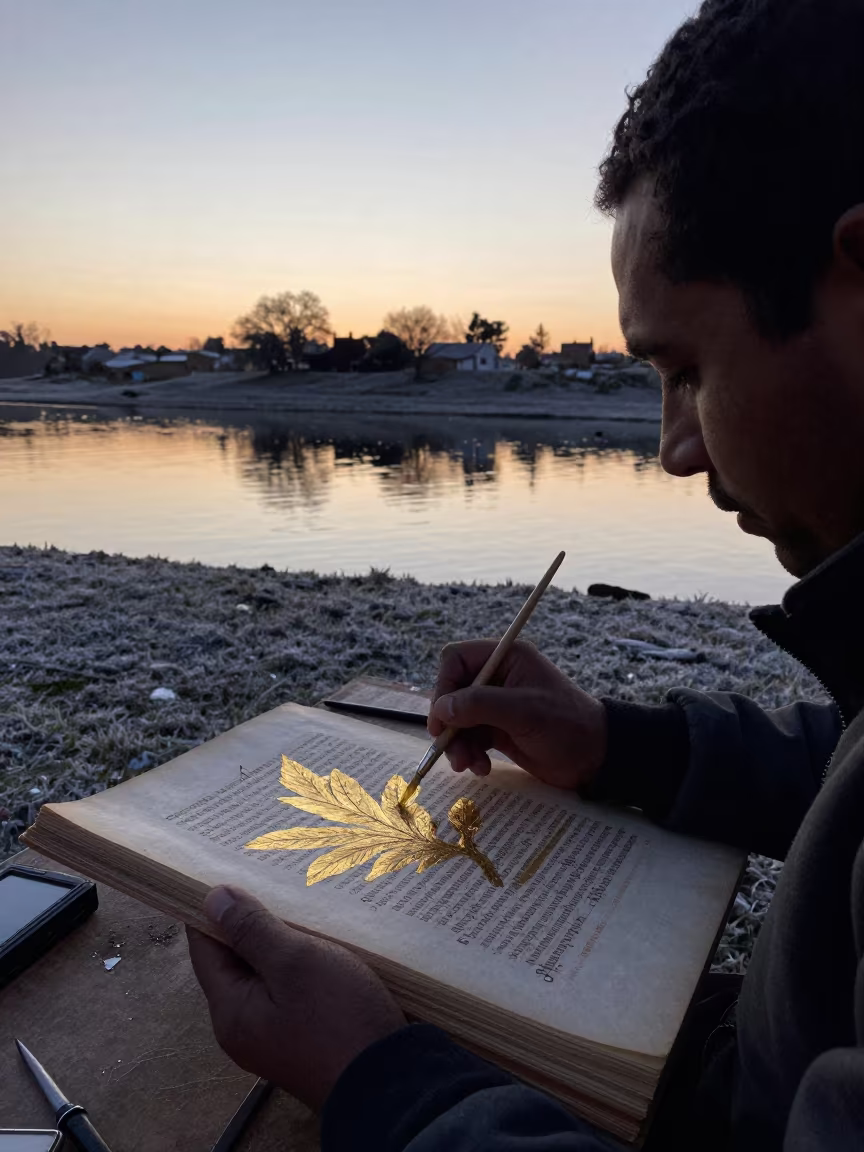 Illuminator Painting Gold Leaf at Twilight in in Matola