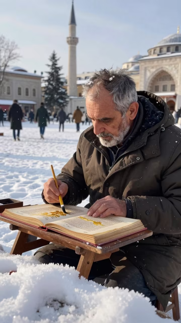 Illuminator Painting Gold Leaf in Winter Adana in at a public square in Adana