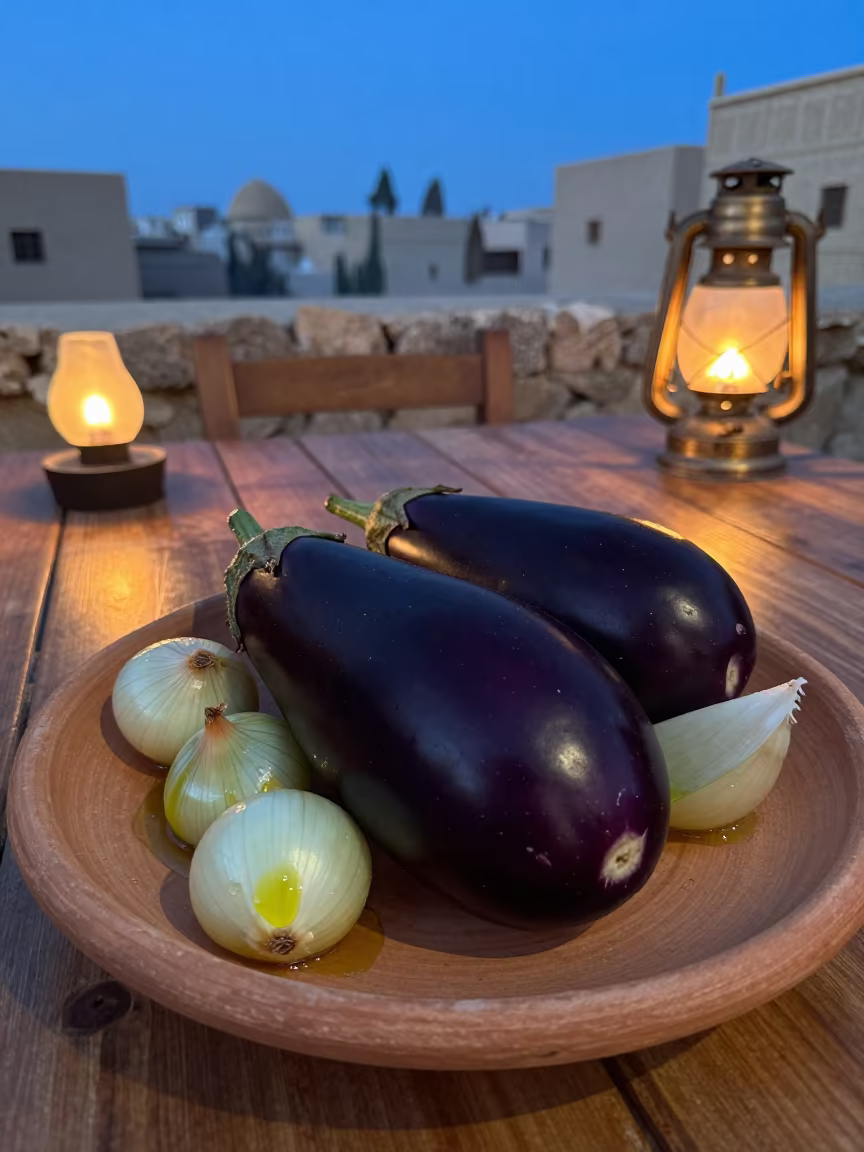 Imam Bayildi Eggplant Diner Table Cairo in at a roadside diner table in Coptic Cairo, Cairo