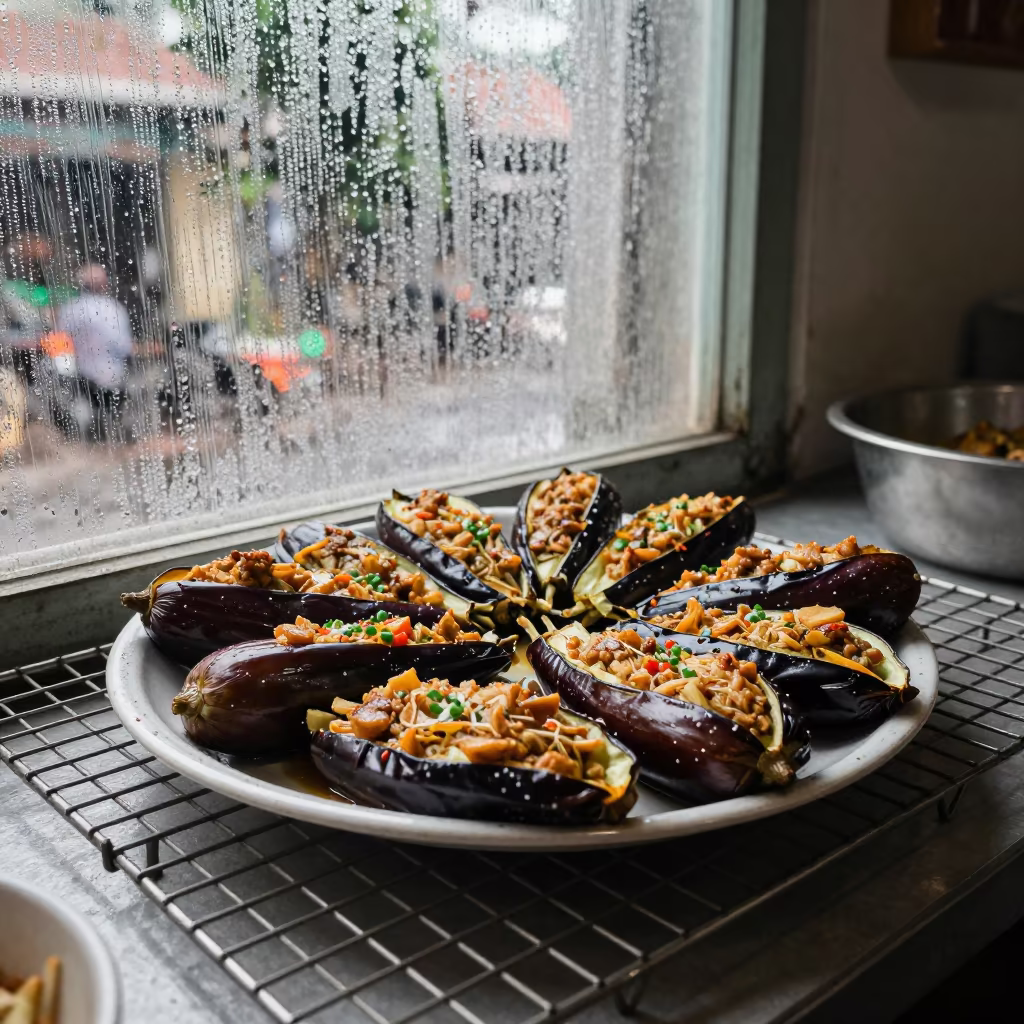 Imam Bayildi Eggplant on Hanoi Cooling Rack in on a bakery cooling rack in Old Quarter, Hanoi