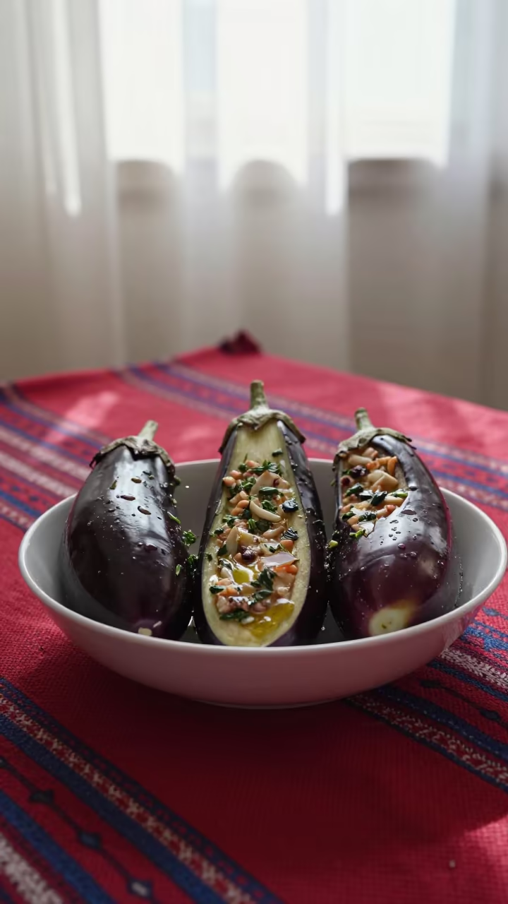 Imam Bayildi Eggplant on Winter Picnic Blanket in on a picnic blanket in El Mahalla El Kubra