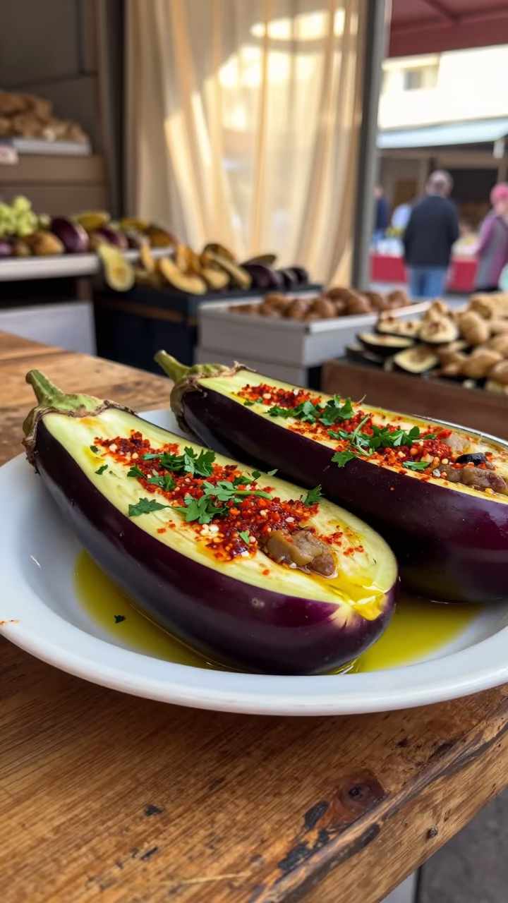 Imam Bayildi Stuffed Eggplant on Oran Market Counter in at a market stall counter in Oran