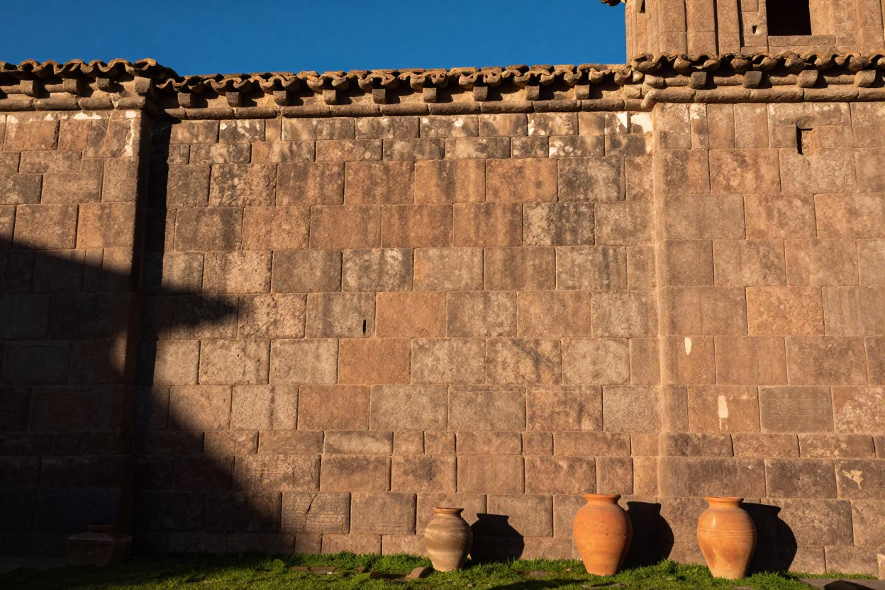 Inca Stone Architecture and Terracotta Pots in Cusco Peru Late Afternoon Light in in Cusco, Peru