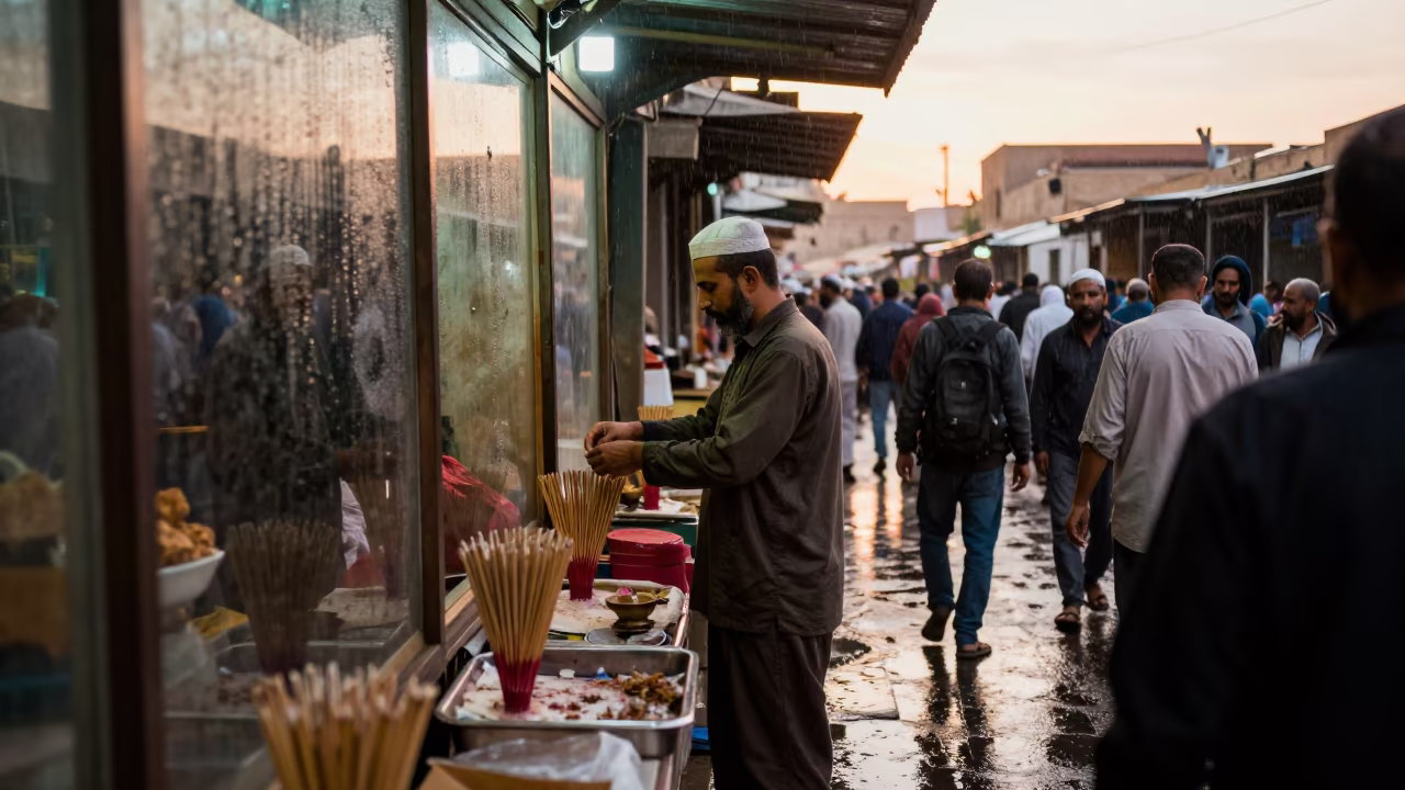 Incense Bundles Vendor Jizan Market Stall Sunset in in a covered bazaar aisle in Jizan