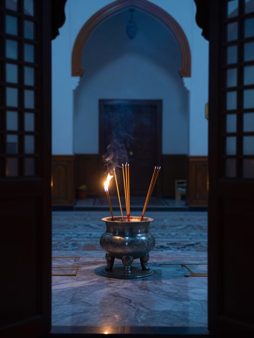 Incense Burning in Chongqing Mosque Before Dawn in in a mosque prayer hall in Chongqing