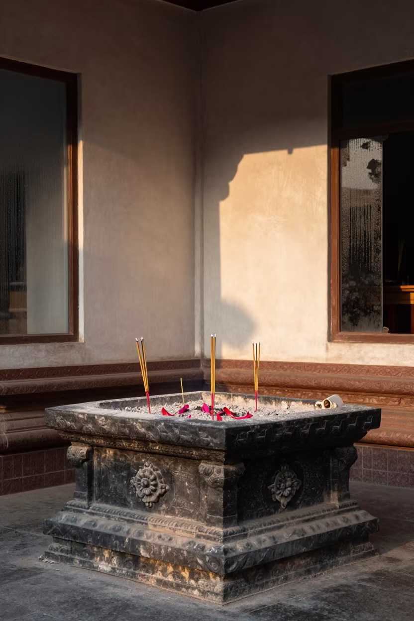 Incense Burning on Stone Altar in Bangalore Temple in at the foot of a stone altar in Bangalore