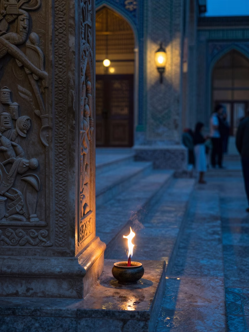 Incense Burning Stone Altar Mashhad Evening in at the foot of a stone altar in Mashhad