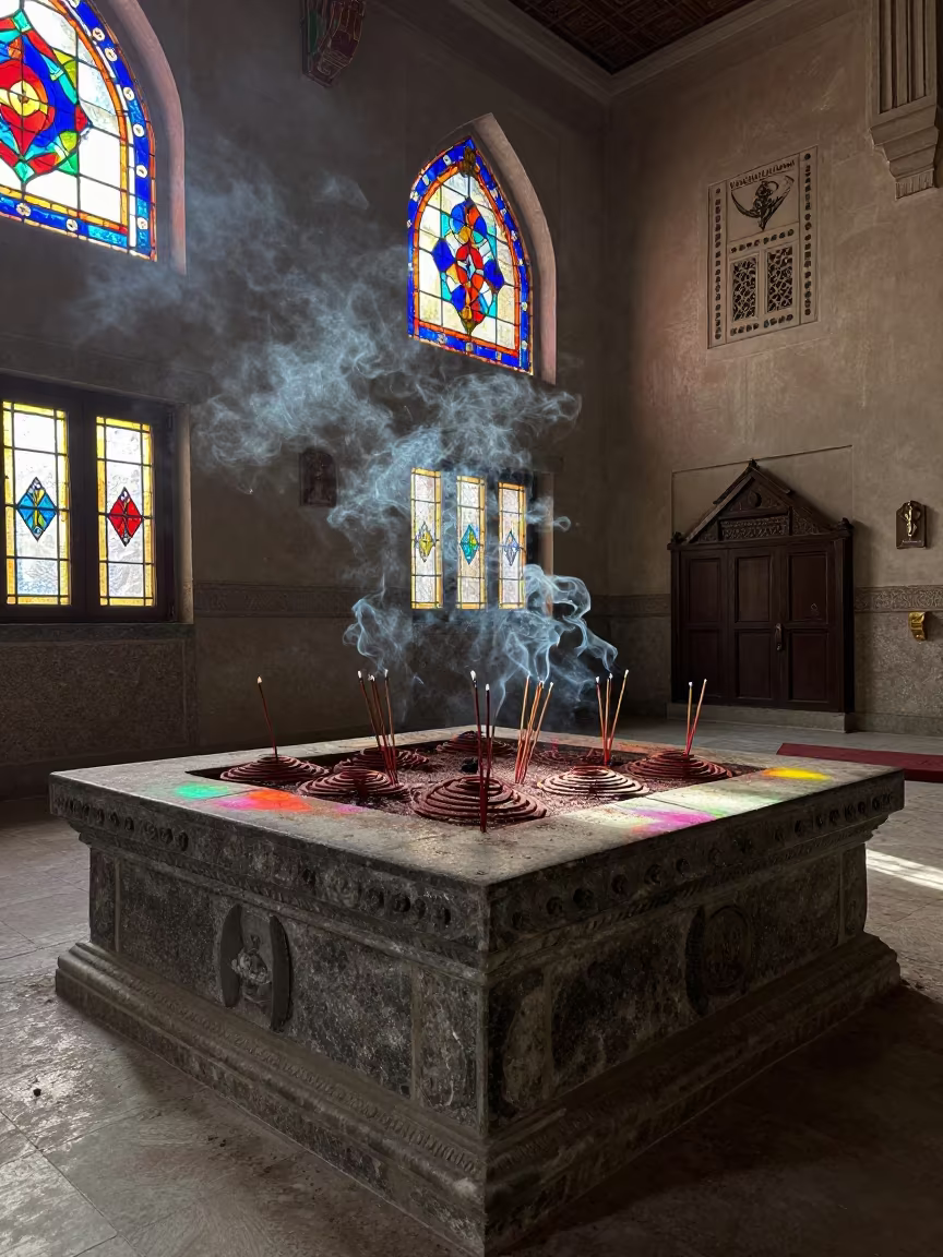 Incense Burning on Stone Altar in Winter Kuwait in at the foot of a stone altar in Kuwait City