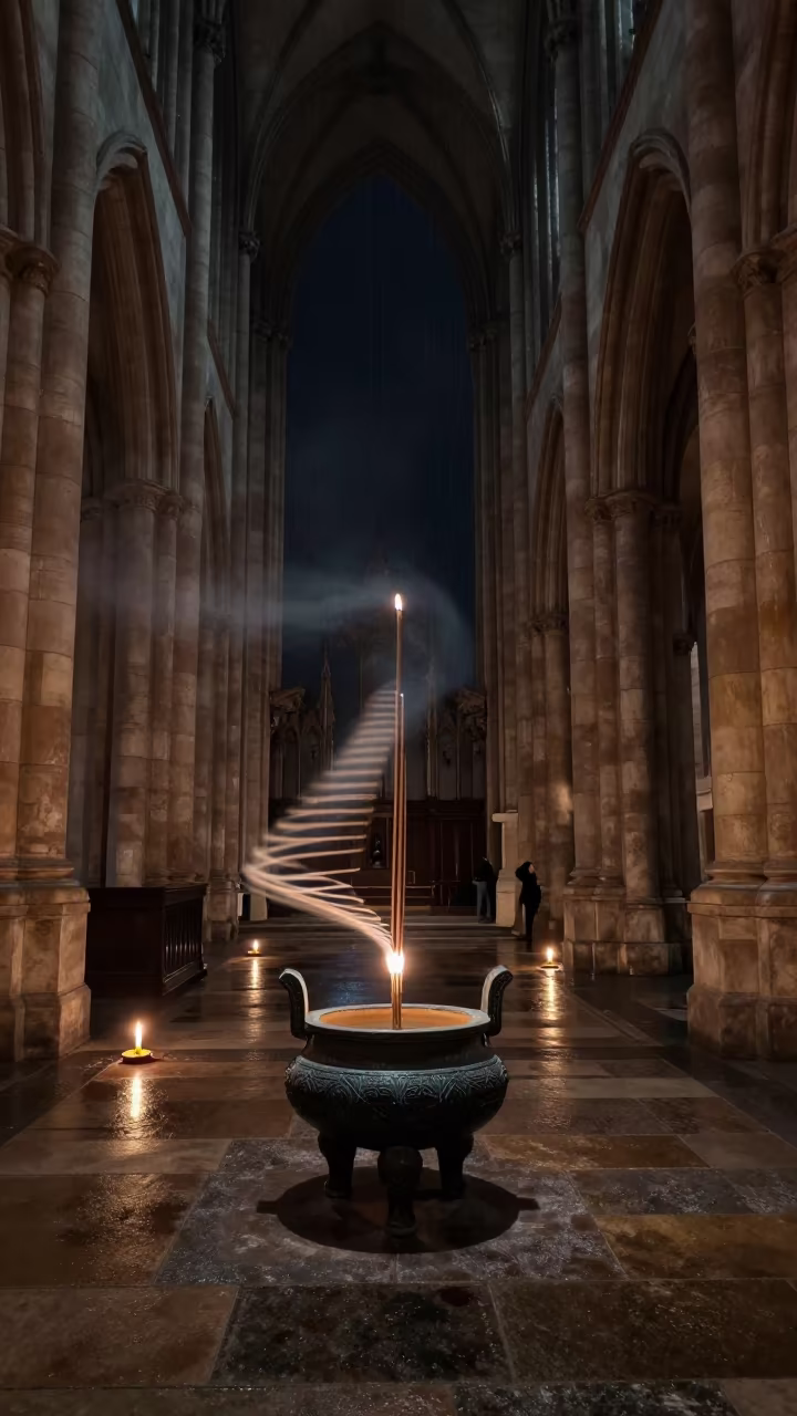 Incense Censer Light Trail in Thane Cathedral in inside a candlelit nave in Thane
