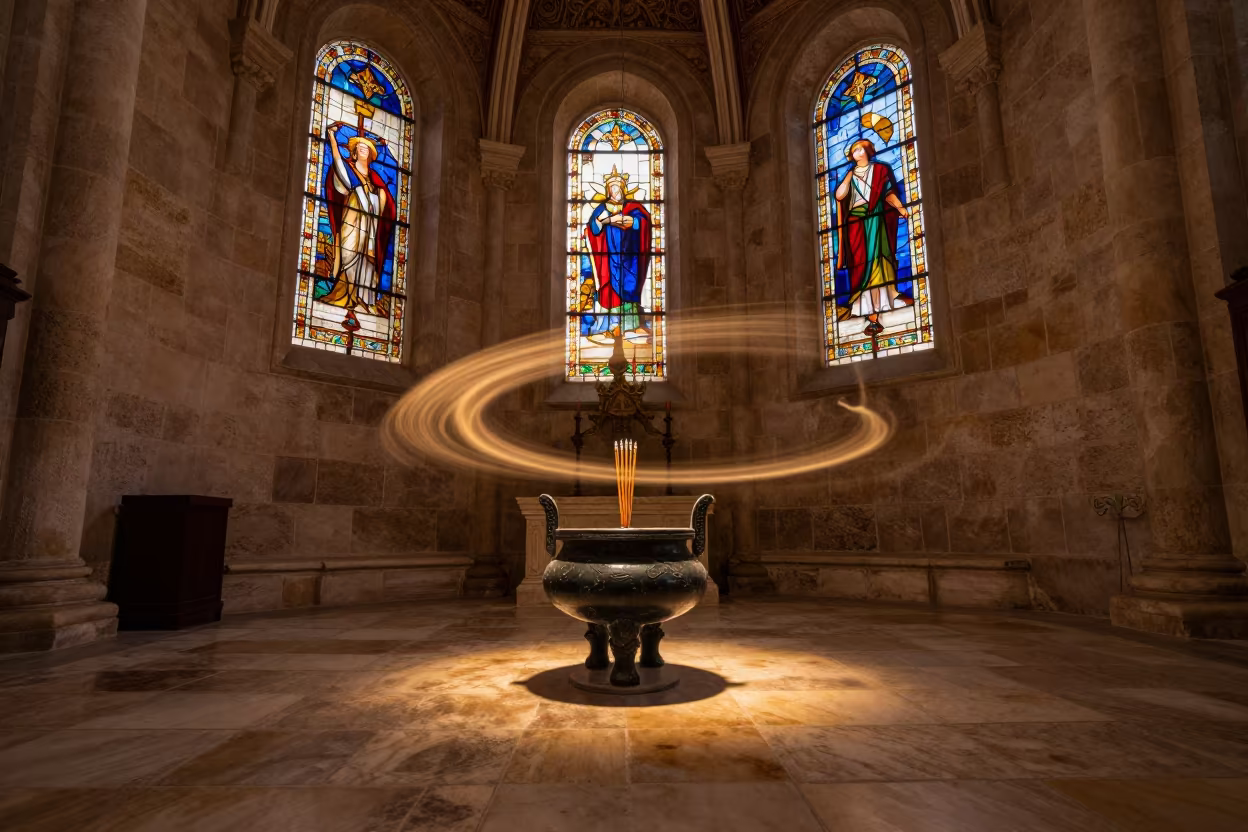 Incense Censer Light Trails in Berat Cathedral in in a chapel lit by stained glass in Berat