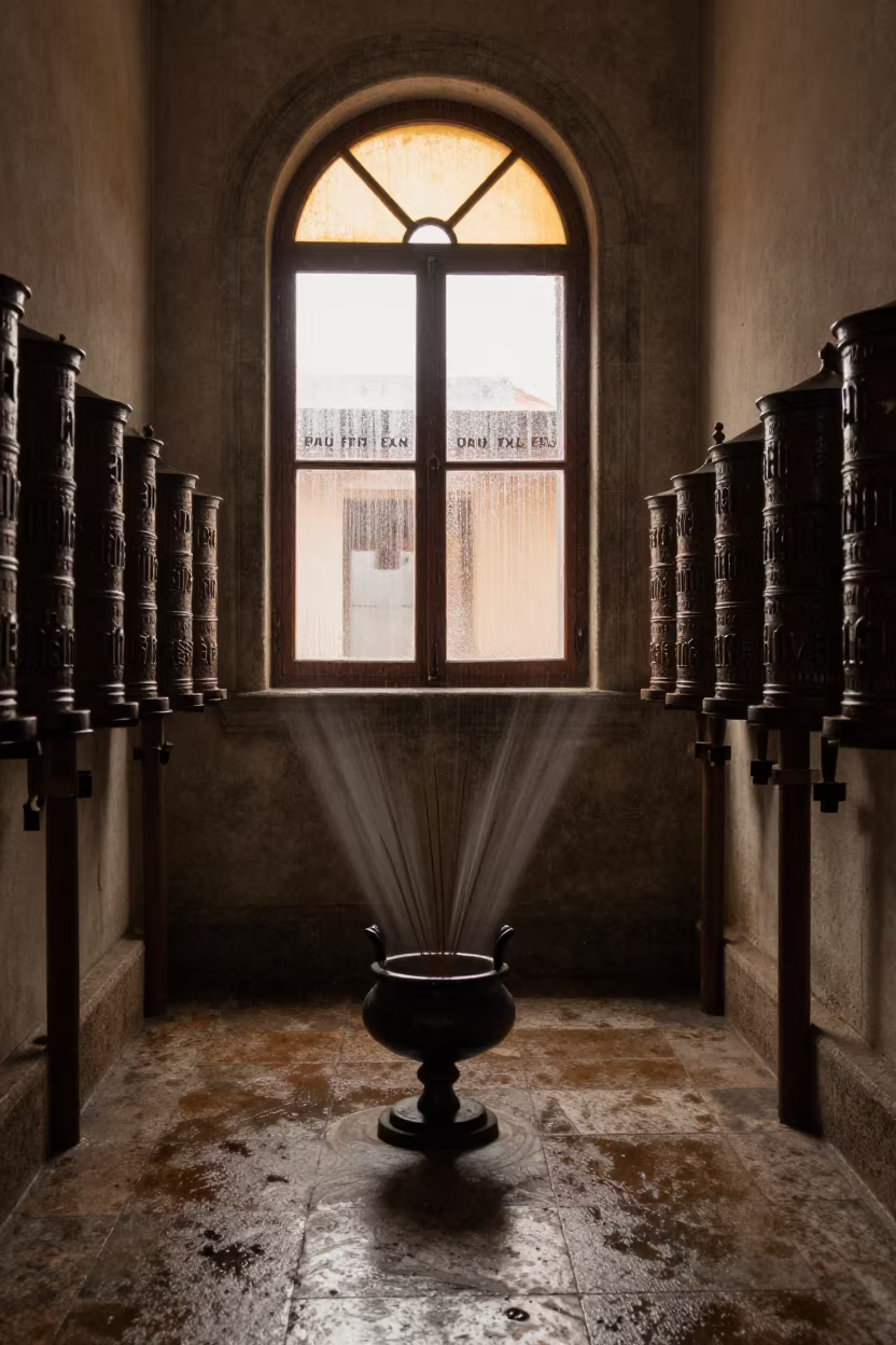 Incense Censer Swing Trail in Dominican Cathedral in beside a prayer wheel corridor in Higüey