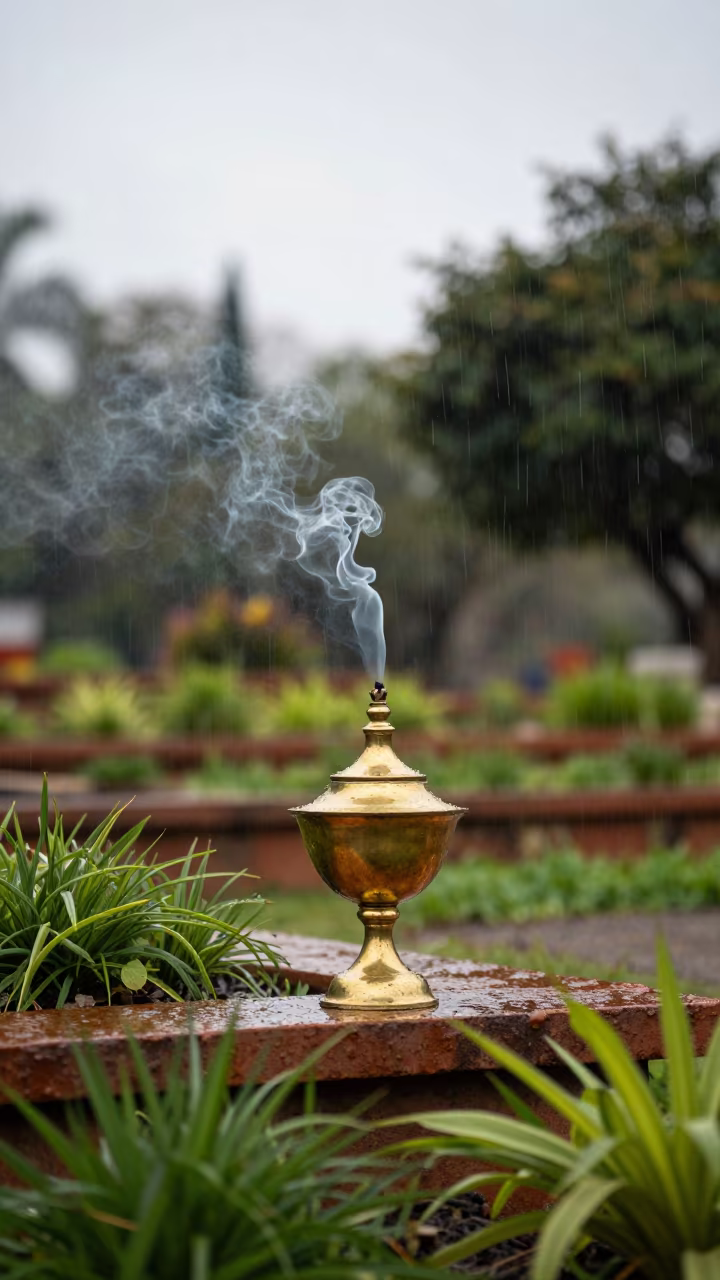 Incense Smoke in Argentine Garden Rain in among terraced garden plots in Argentina