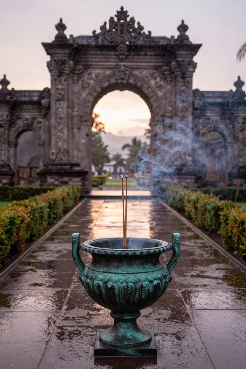 Incense Smoke in Bronze Urn at Peruvian Temple Garden in in a cloister garden in Peru