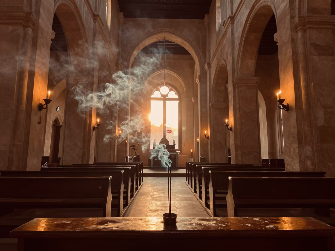 Incense Smoke in Candlelit Abbey Nave Bertoua in inside a candlelit abbey nave in Bertoua