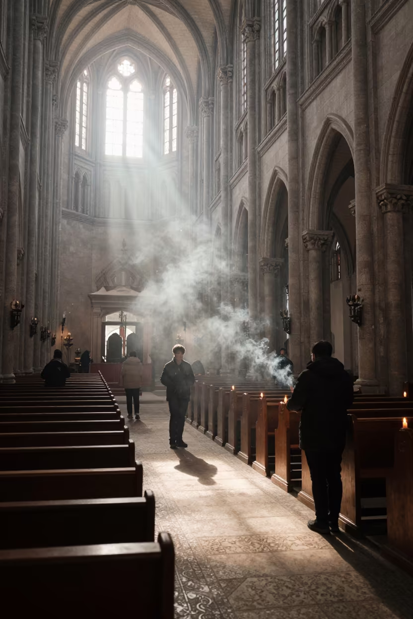Incense Smoke in Jinan Cathedral Nave Morning Light in inside a quiet cloister passage in Jinan