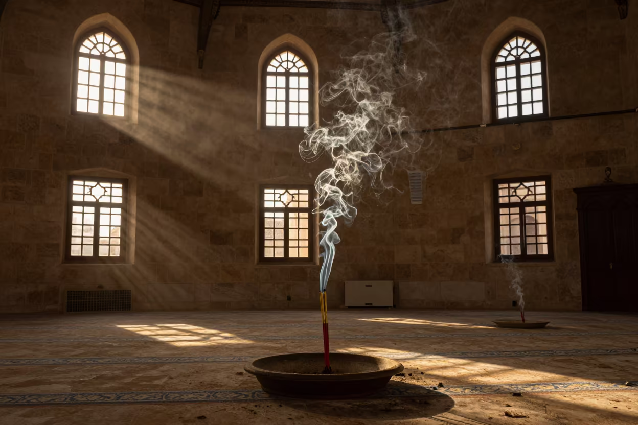 Incense Smoke in Petah Tikva Mosque at Sunset in in a mosque prayer hall in Petah Tikva