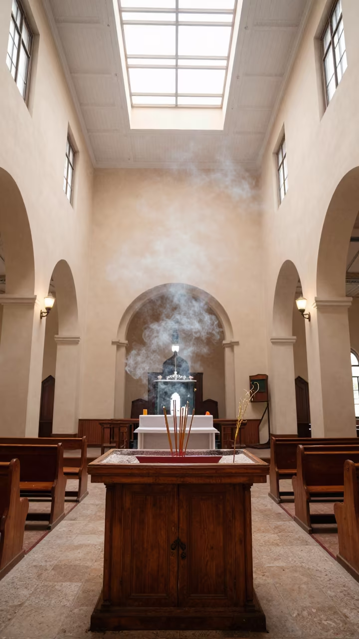Incense Smoke in Soroti Nave Monsoon Light in inside a candlelit nave in Soroti