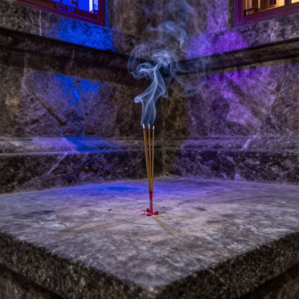 Incense Smoke Rising From Stone Altar in Santiago in at the foot of a stone altar in Santiago