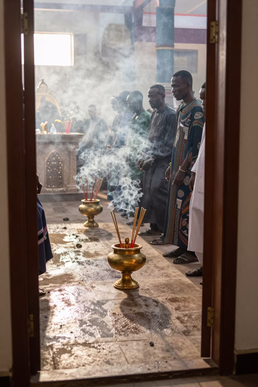 Incense Smoke Swings at Dawn Altar in at the foot of a stone altar in Asaba