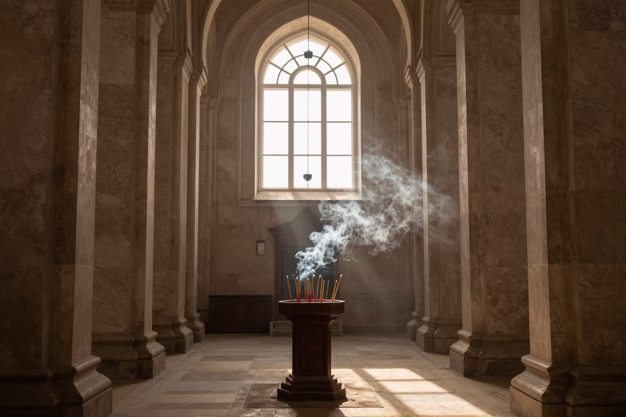 Incense Smoke in Winter Cathedral Light in along a monastery corridor in Shymkent