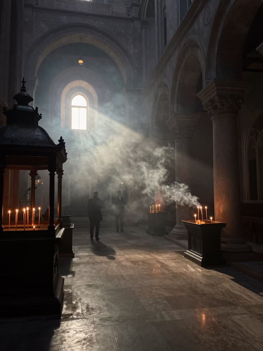 Incense Smoke in Winter Cathedral Nave in along a monastery corridor in Tirana
