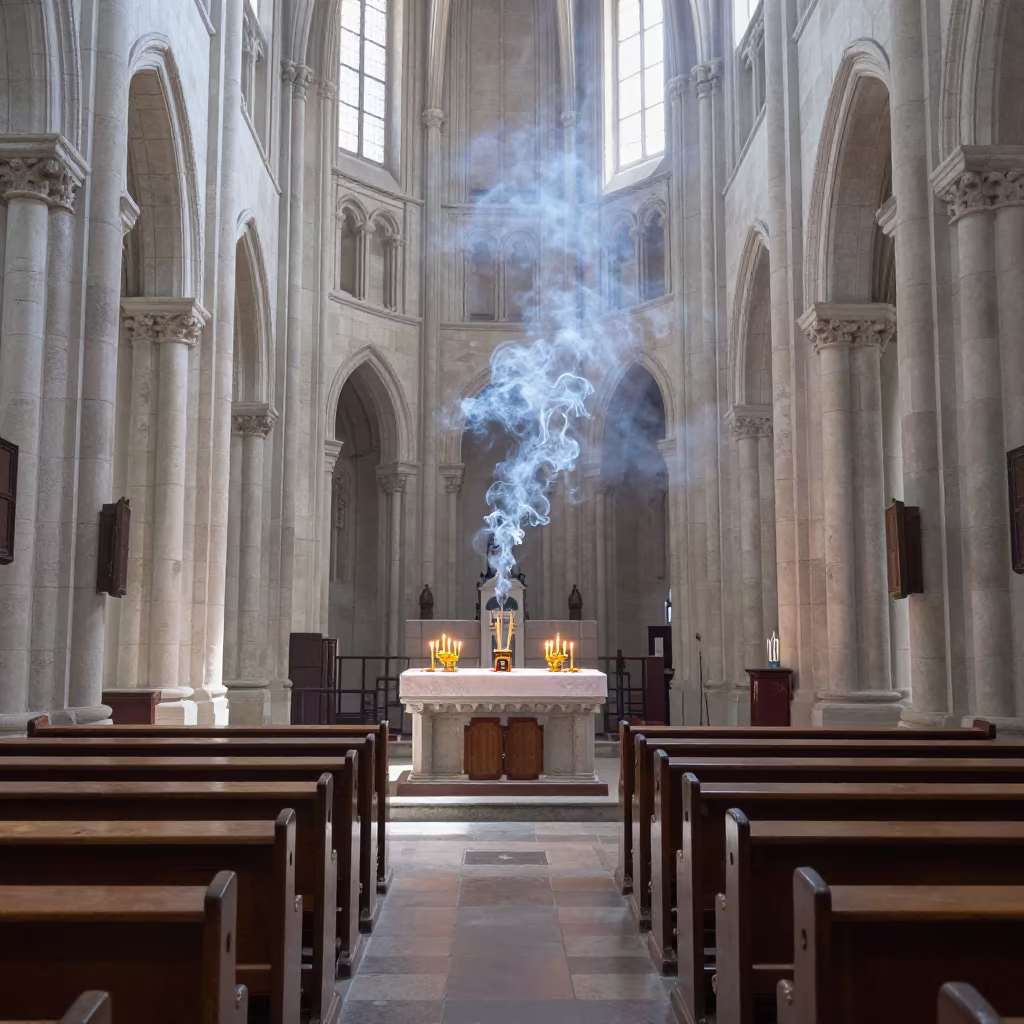 Incense Smoke in Wuhan Cathedral Nave in inside a stone chapel in Wuhan