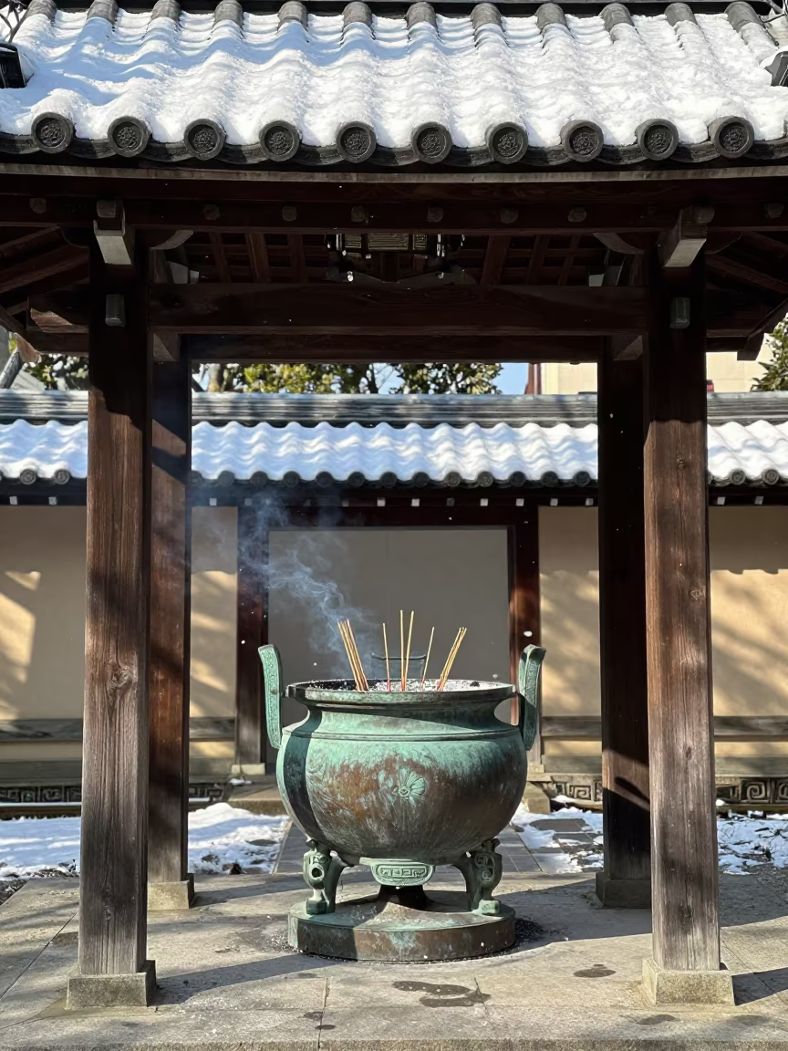 Incense sticks burning in bronze urn at temple in beneath a pagoda roof in Nagasaki