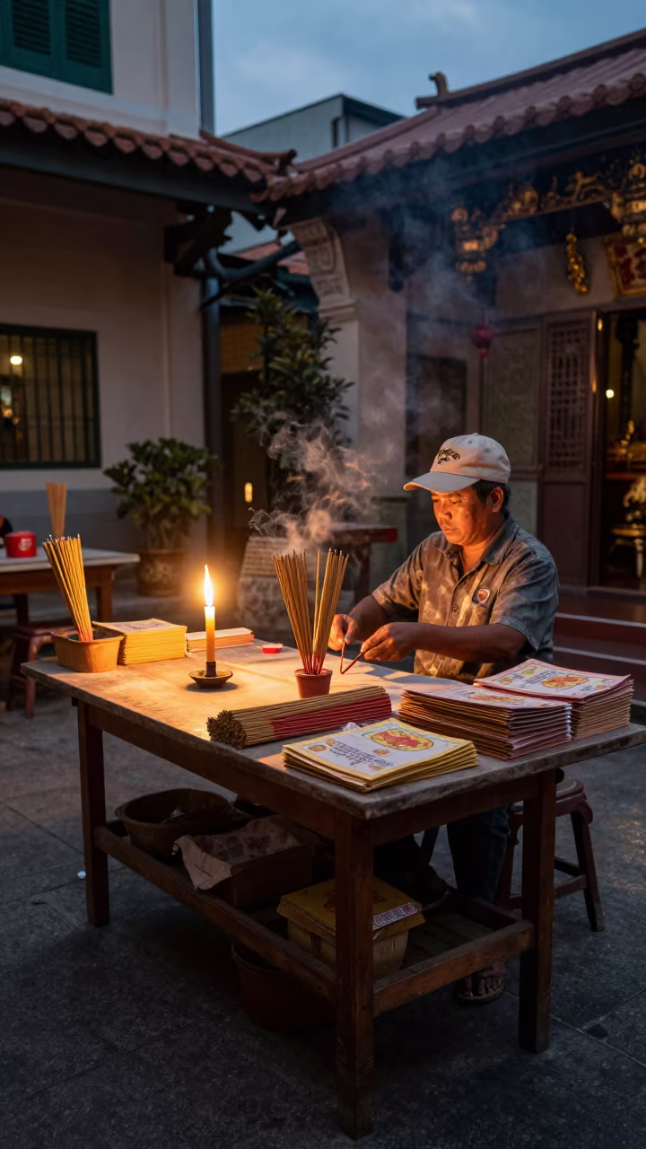 Incense Vendor Table in Geylang Temple Courtyard in in a temple courtyard in Geylang, Singapore