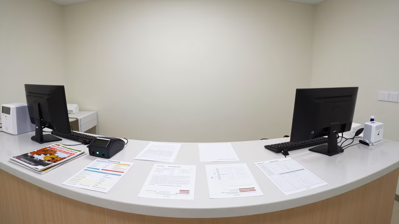 Incheon Clinic Desk Before Intake Midday in inside a clinic exam room in Incheon