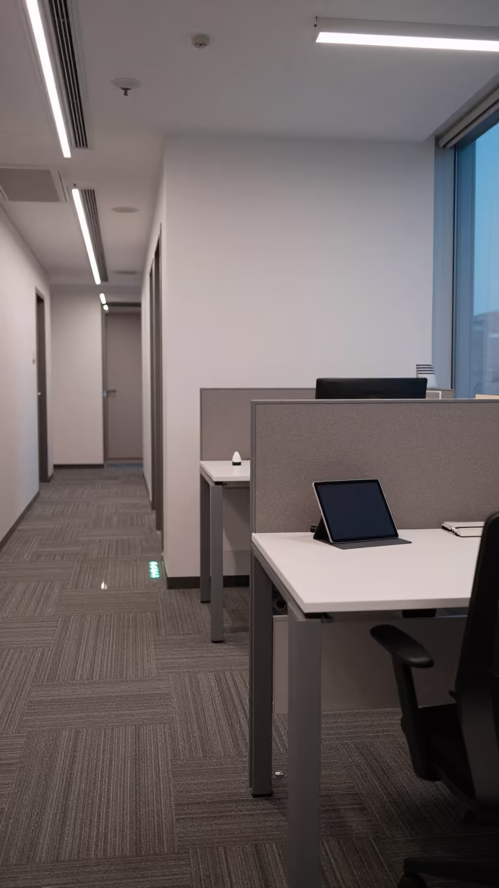 Incheon Office Tablet Dock Hallway Evening in inside an open-plan office bay near Incheon