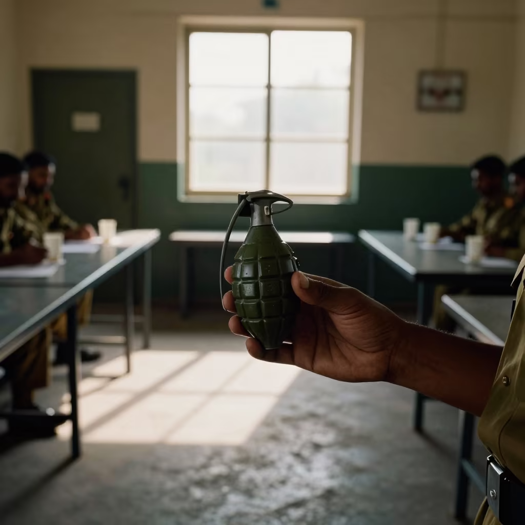 Indian Army Grenade Spoon Training Drill Mess Hall in in a mess hall before service near Chandigarh