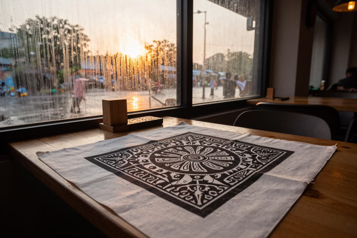 Indian Block Printer Stamping Fabric on Cafe Table in on a cafe table by a window near Shenzhen