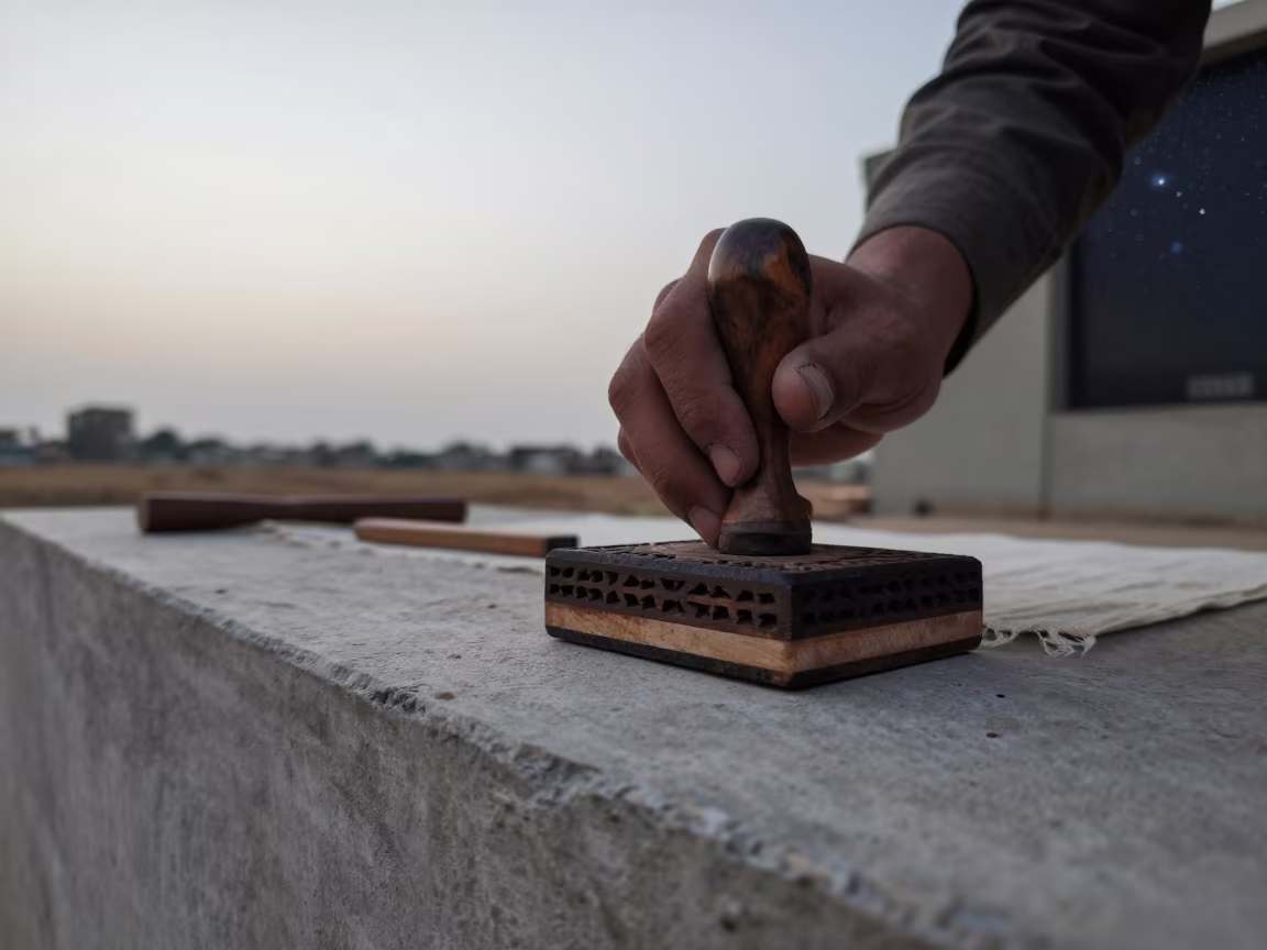 Indian Block Printer Stamping Fabric on Stone Ledge in on a stone ledge near Faisalabad