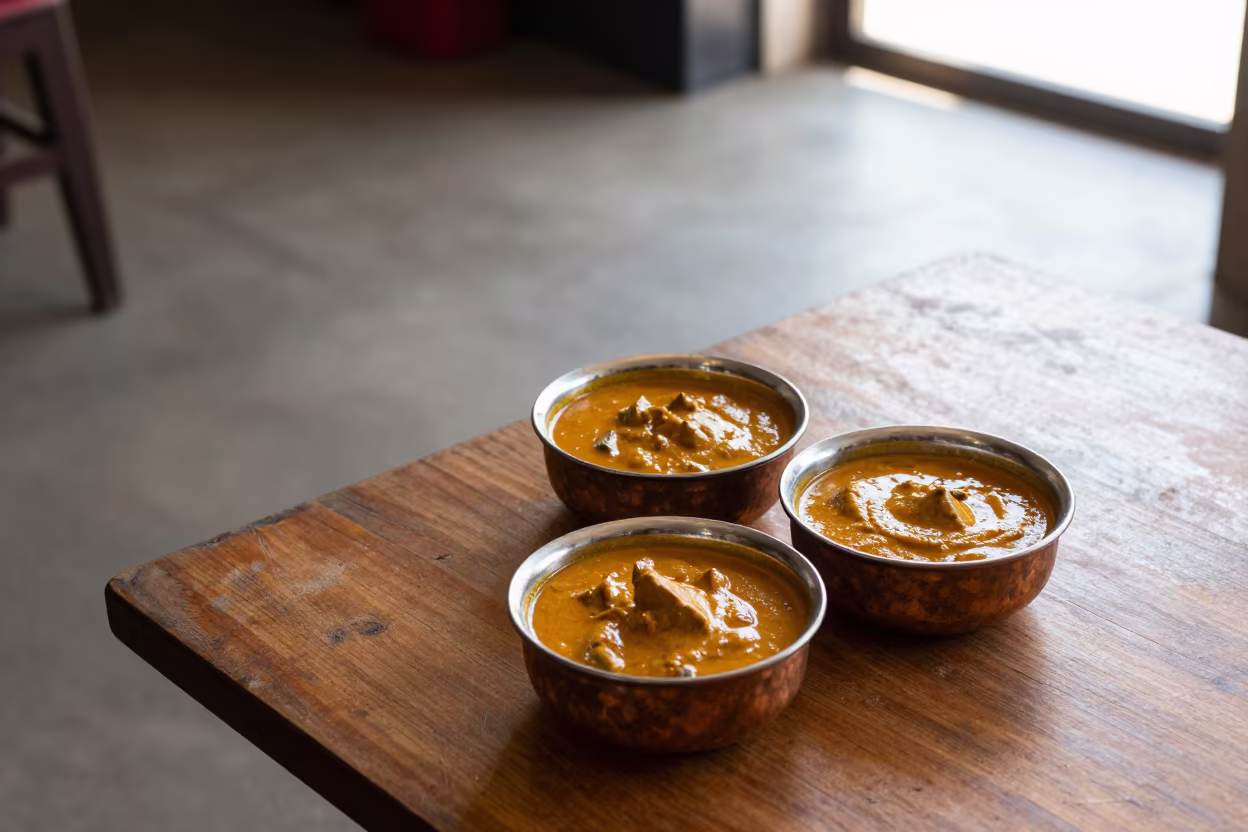 Indian Curry in Copper Bowls at Ruhengeri Diner in at a roadside diner table in Ruhengeri