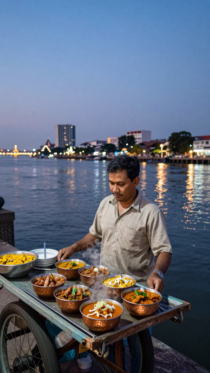 Indian Curry in Phnom Penh at As City Lights Begin To Glow in in Phnom Penh, Cambodia