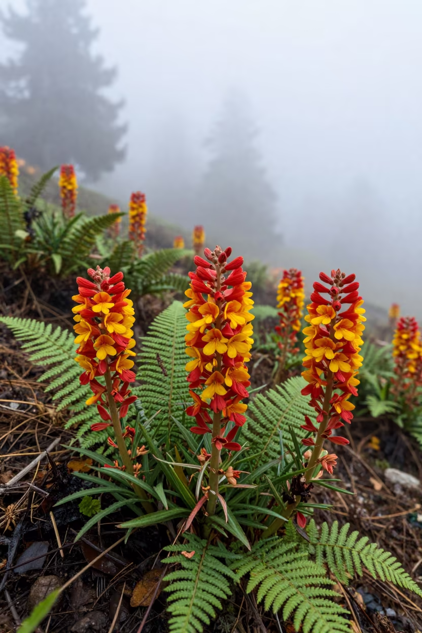 Indian Paintbrush Flowers in Misty Mountain Morning in on a fern-lined forest floor near Manali