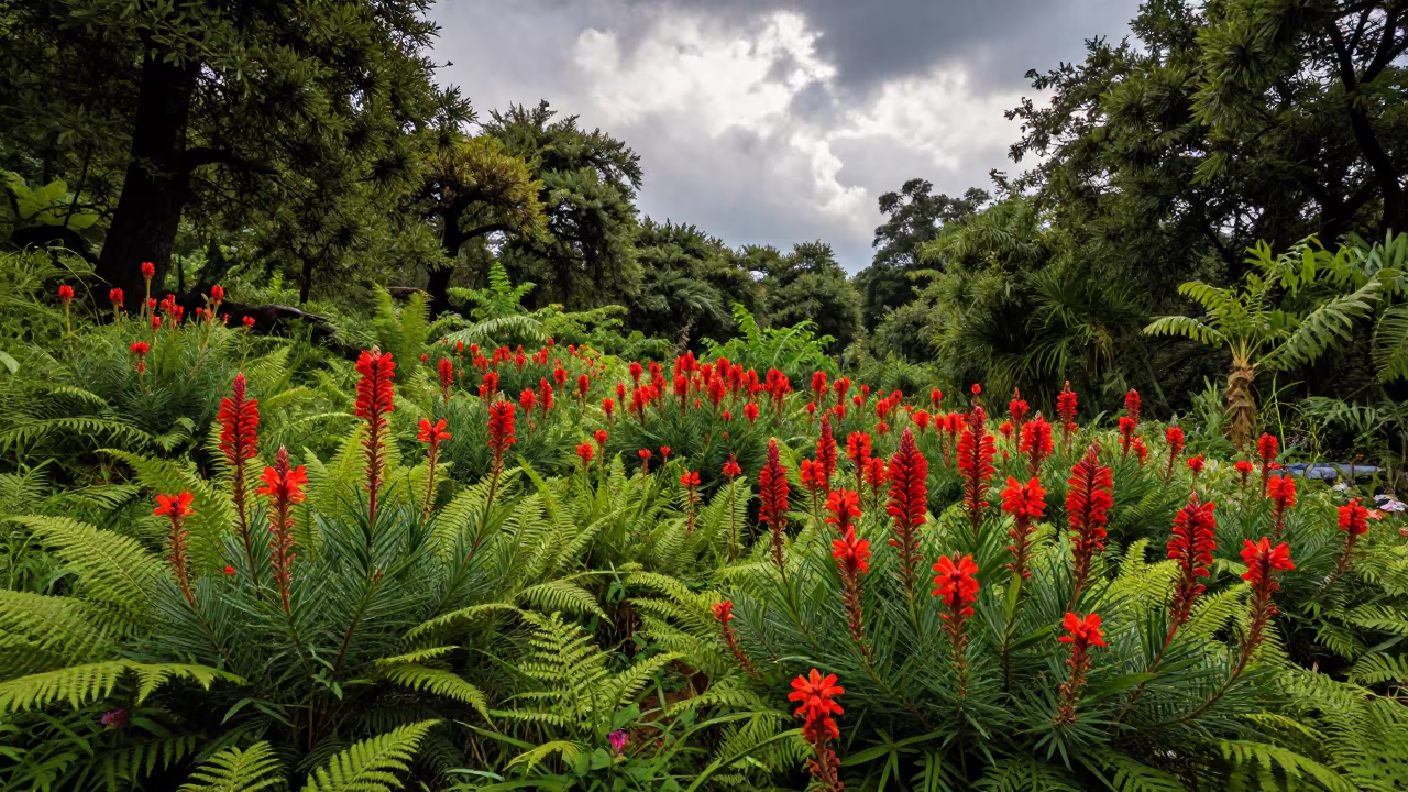 Indian Paintbrush Blooms in Kathmandu Mountain Meadow in on a fern-lined forest floor near Kathmandu