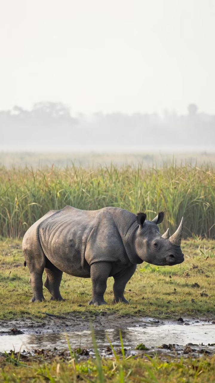 Indian Rhinoceros Marsh Mist Dawn in beside a tidal inlet in Namibia