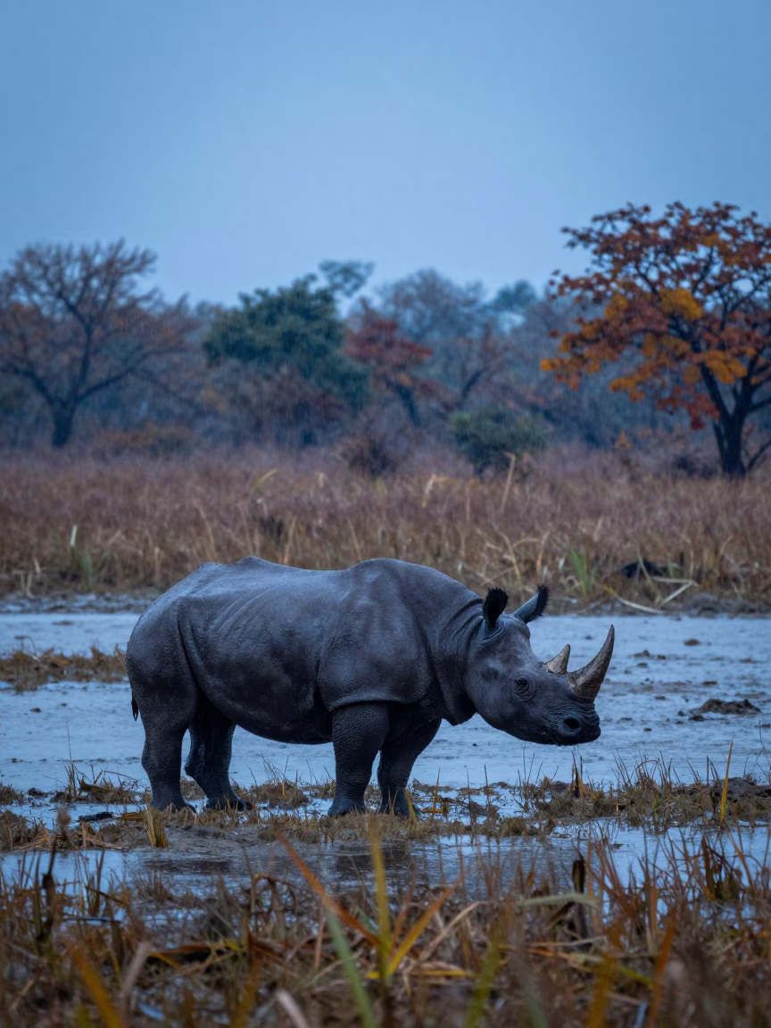 Indian Rhinoceros in Autumn Twilight Marsh in beside a tidal inlet near Alexandria