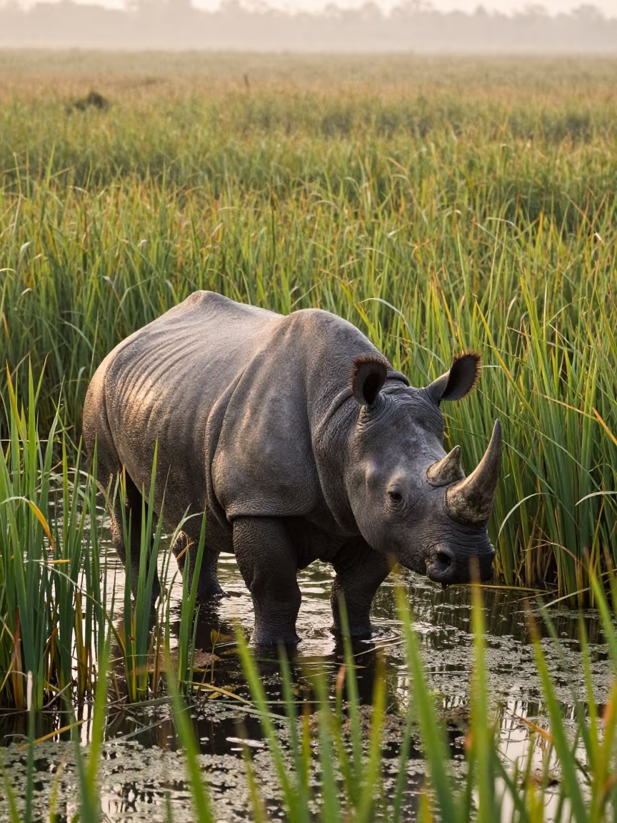 Indian Rhinoceros in Marsh at Dawn in at the edge of a reed bed near Rennes