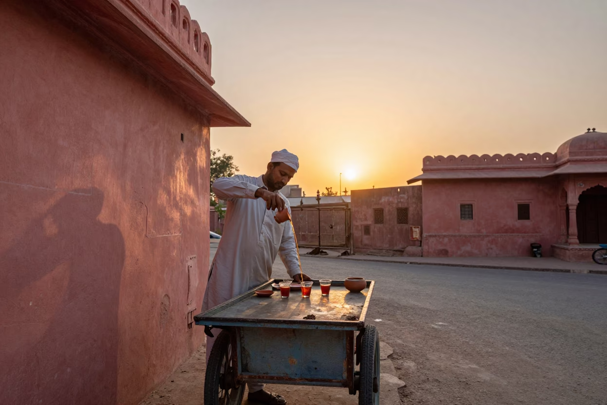 Indian Tea in Jaipur at As The Sun Drops Toward The Horizon in in Jaipur, India